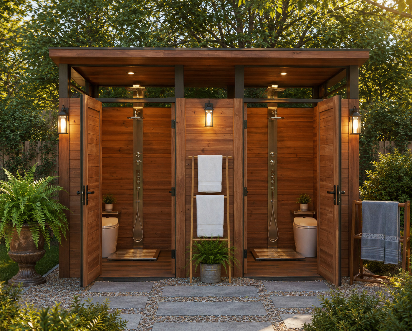 Rustic modern cedar bathhouse with two private rain-shower suites lit at dusk