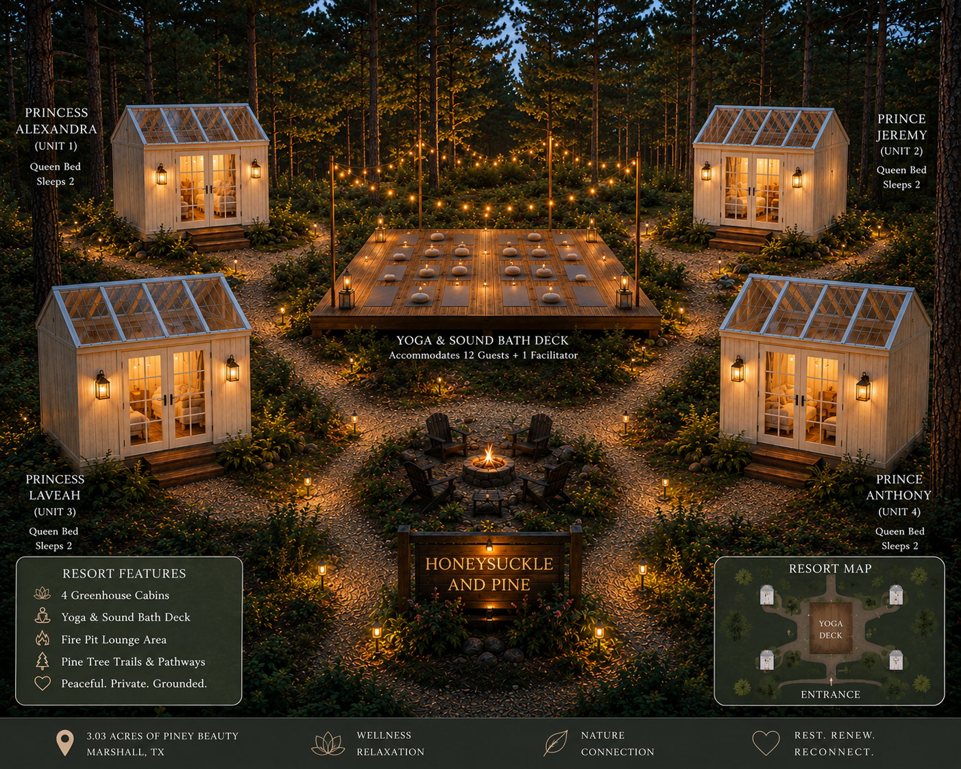 Illustrated overview of Honeysuckle & Pine showing four greenhouse cabins around the yoga and sound bath deck with the fire pit lounge